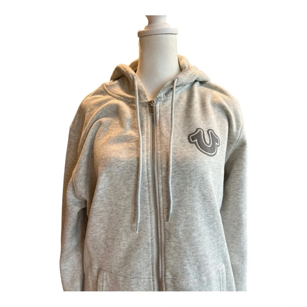 MEN TRUE RELIGION Logo Core ZIP UP OATMEAL Heather Fleece Hooded size large